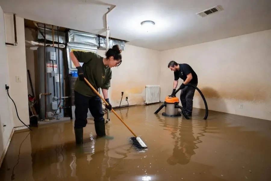 Crews squeegee and extract water from a flooded Olympia basement floor
