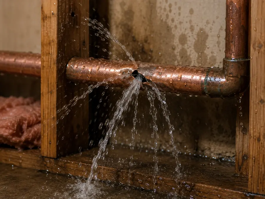 A burst pipe spraying water inside an Olympia, WA home