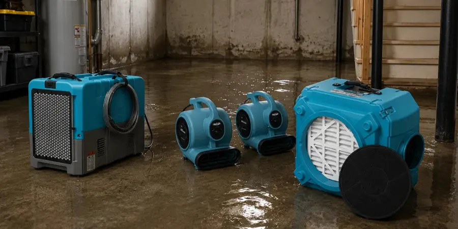 Air movers and a dehumidifier drying a structure in Olympia, WA