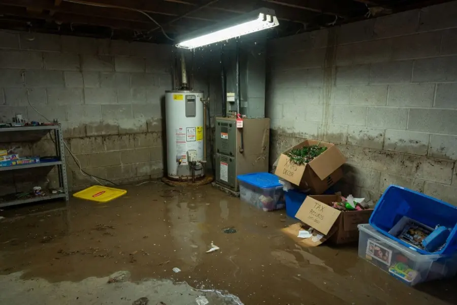 A flooded utility area after a water heater failure in Olympia, WA